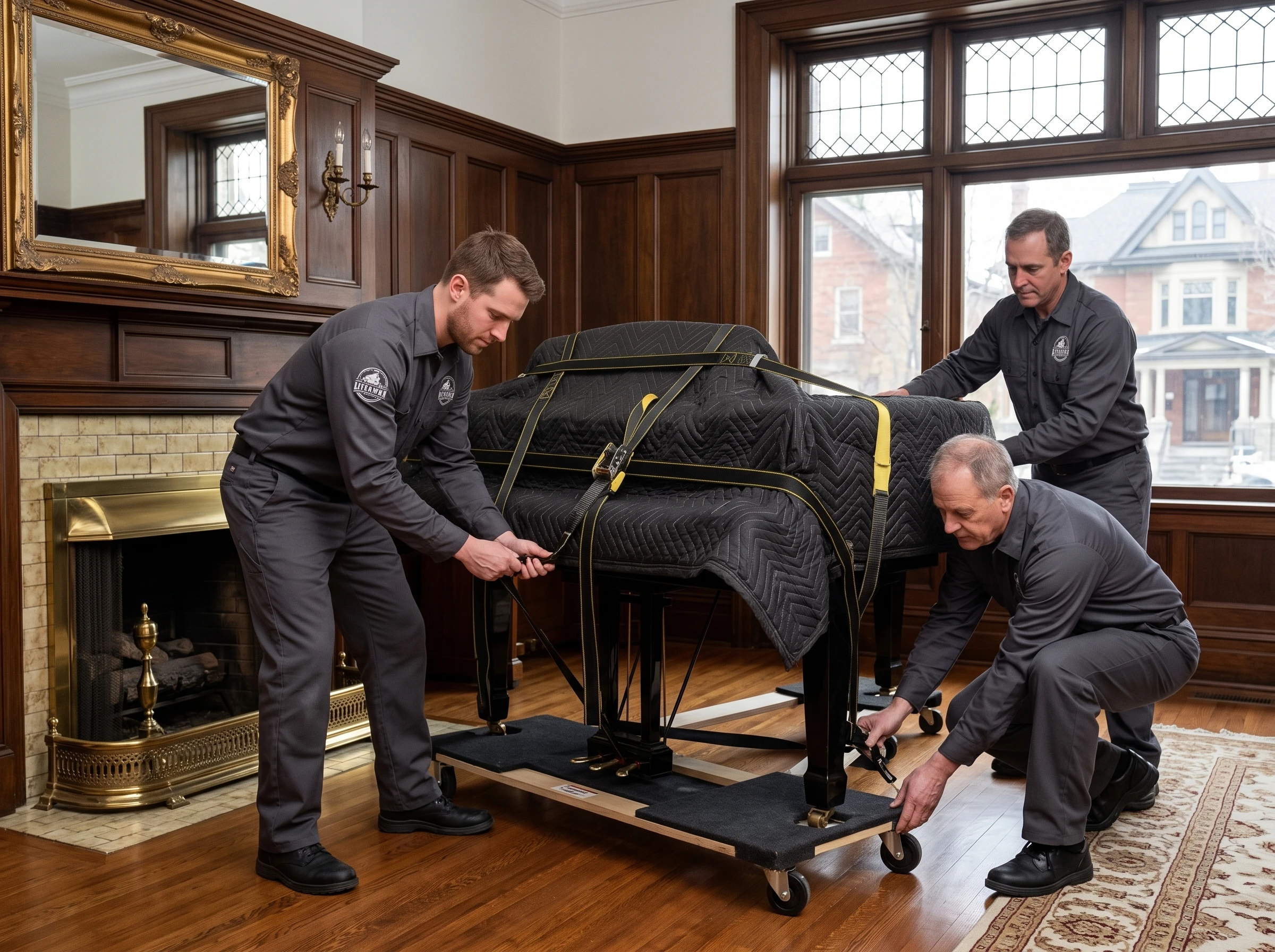 Grand piano prepared professionally for moving