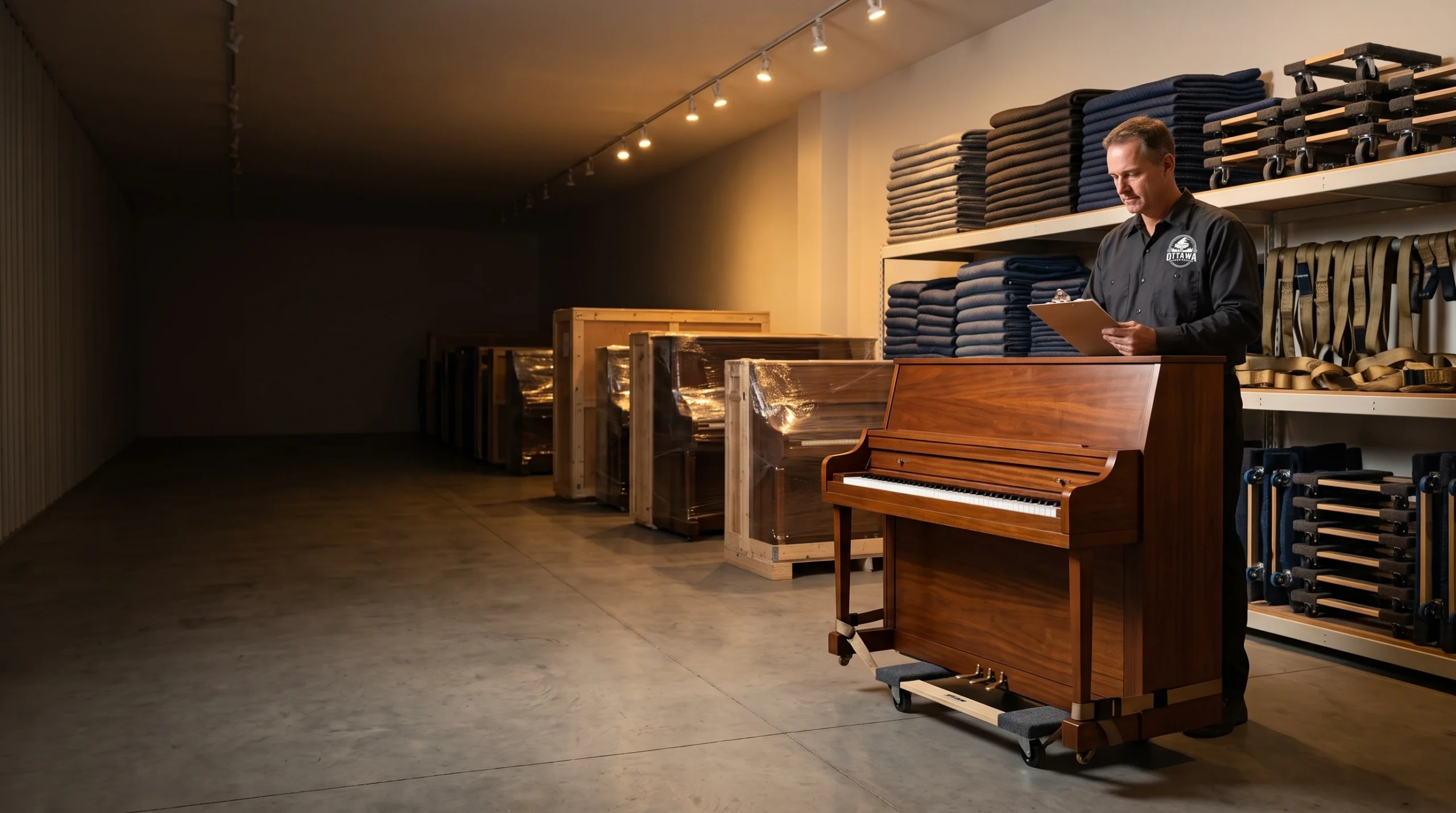 Ottawa piano storage for a protected upright piano in a climate-controlled facility