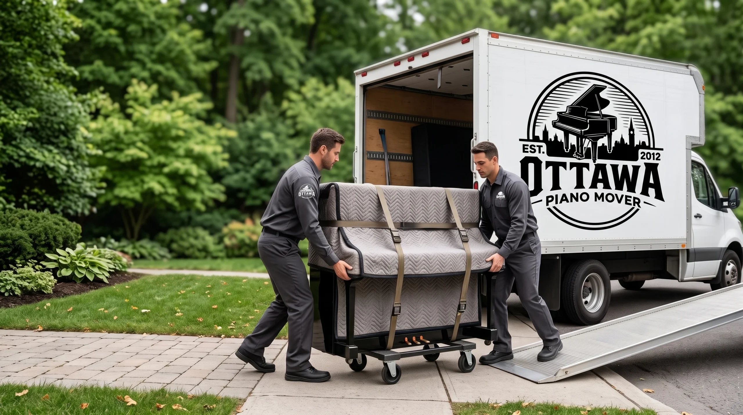 Ottawa Piano Movers guiding a protected piano toward their branded truck