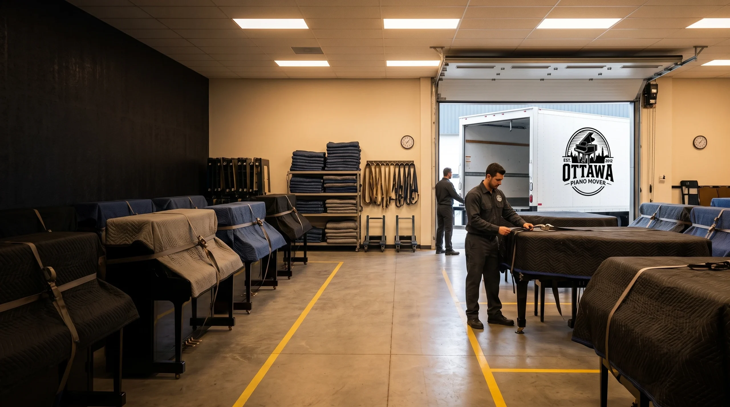 Ottawa Piano Mover storage facility with protected pianos and branded moving truck