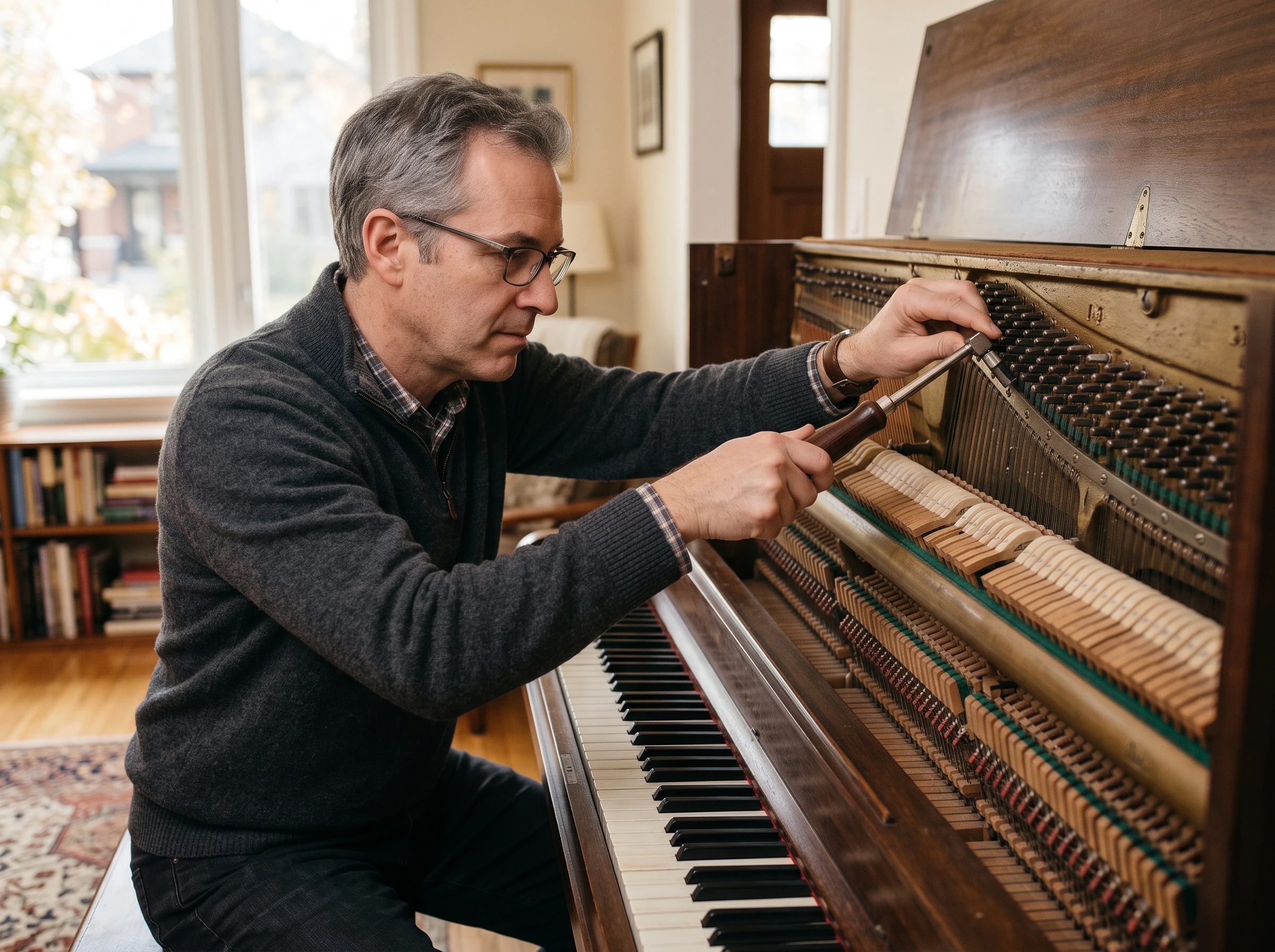 Piano technician inspecting tuning pins inside an upright piano in Ottawa