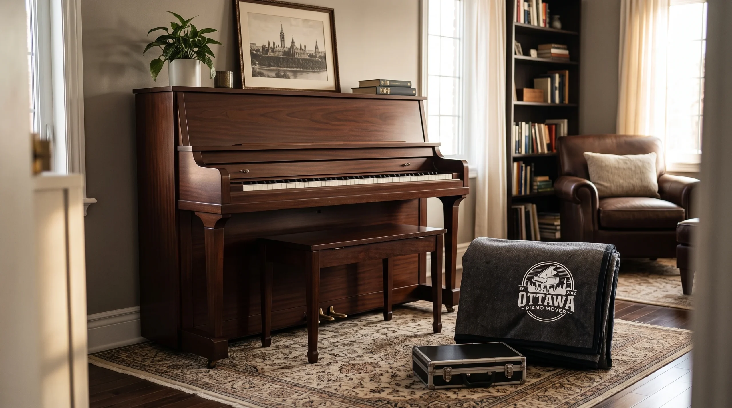 Upright piano resting in its new Ottawa home before professional tuning