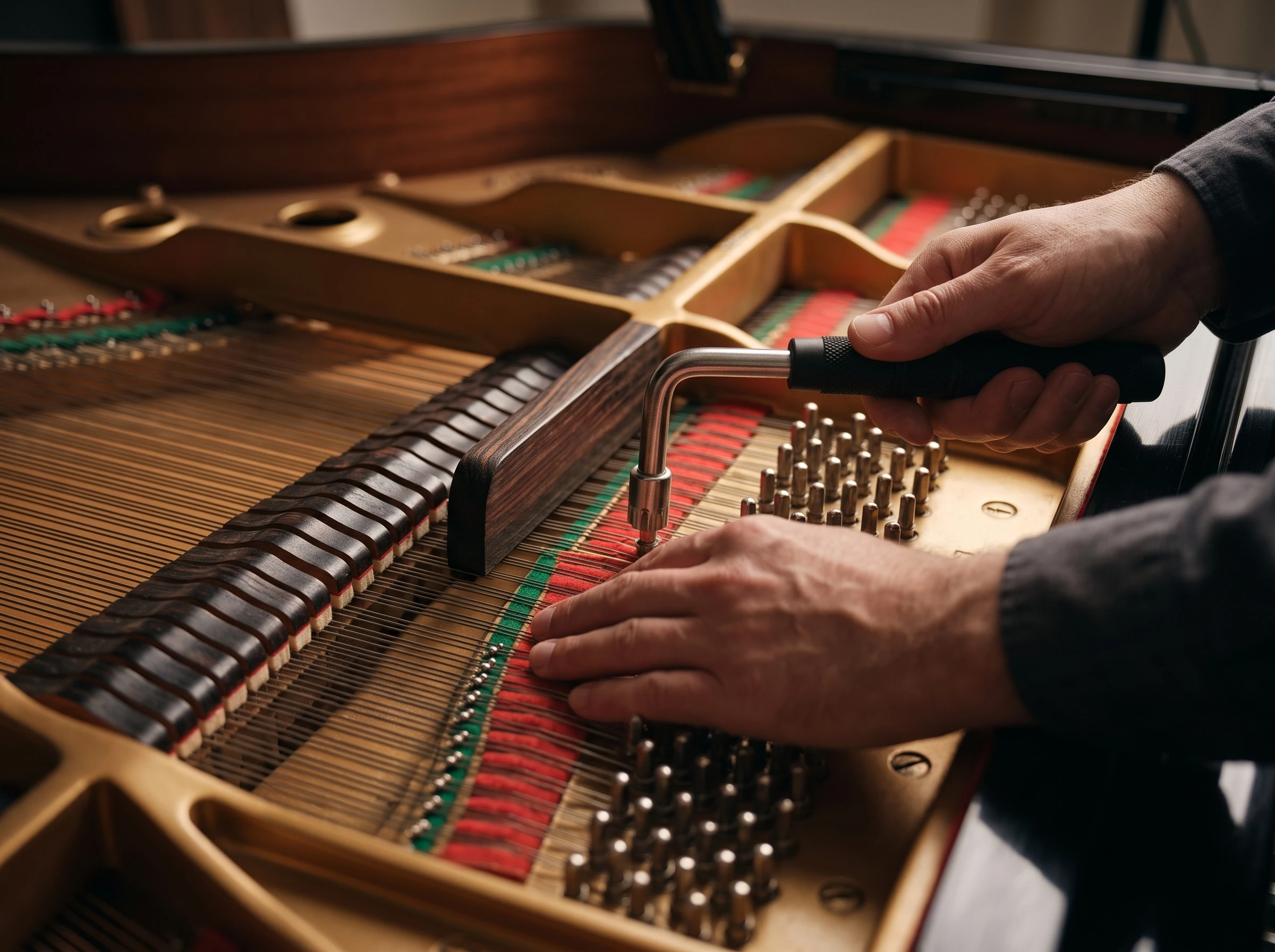 Piano technician carefully adjusting tuning pins with a professional tuning hammer