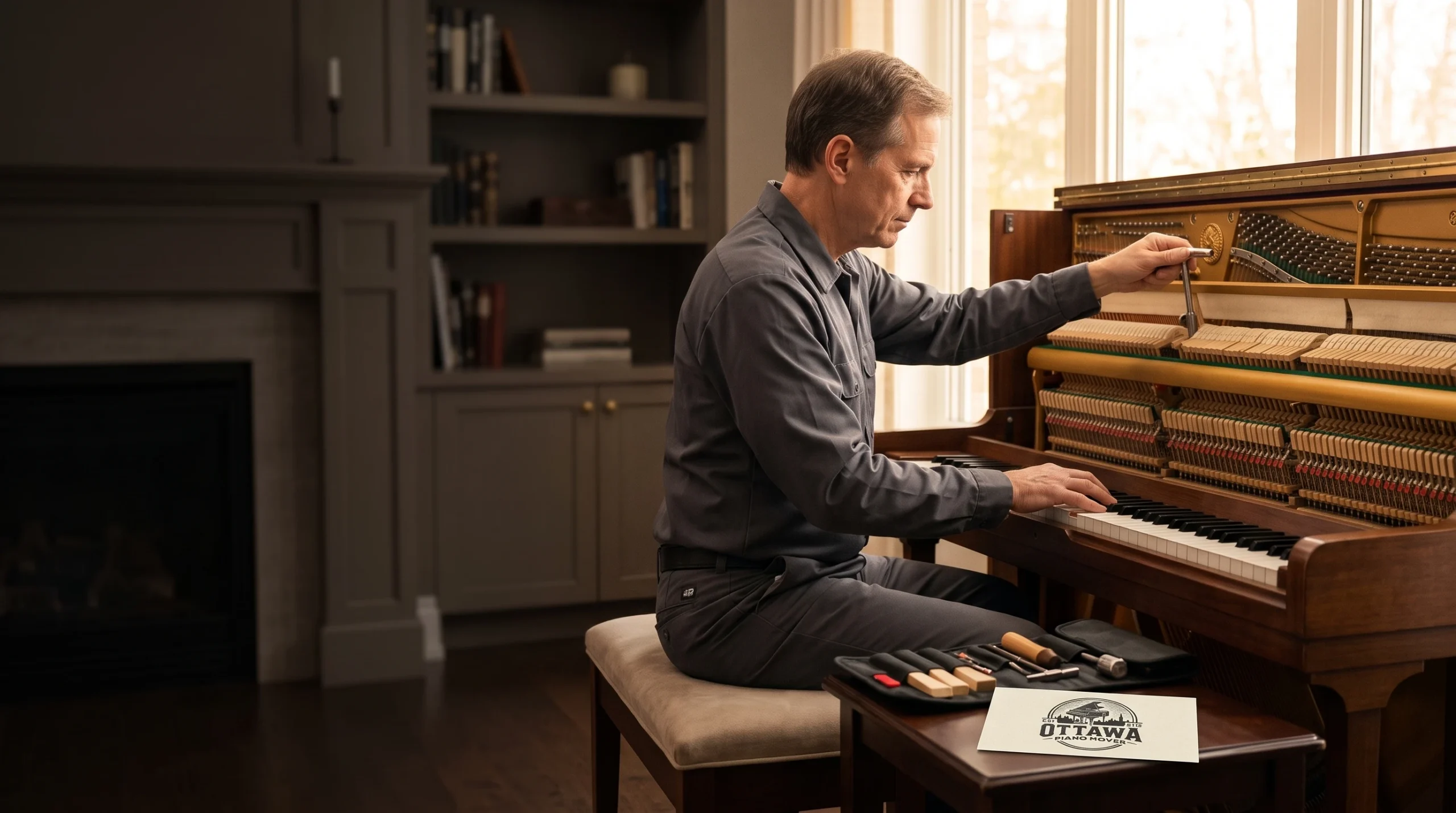 Professional piano technician tuning an upright piano in an Ottawa home
