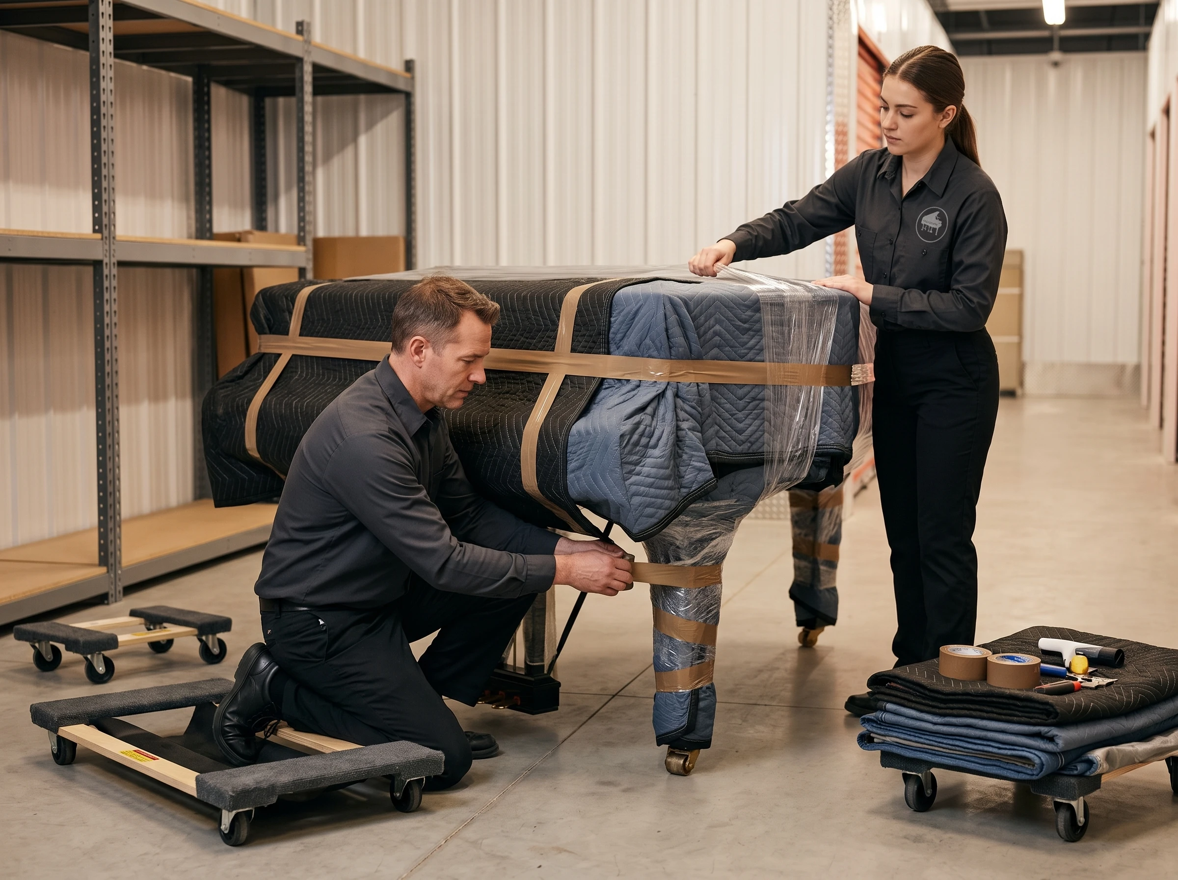 Ottawa Piano Mover crew protecting a piano inside a professional storage facility